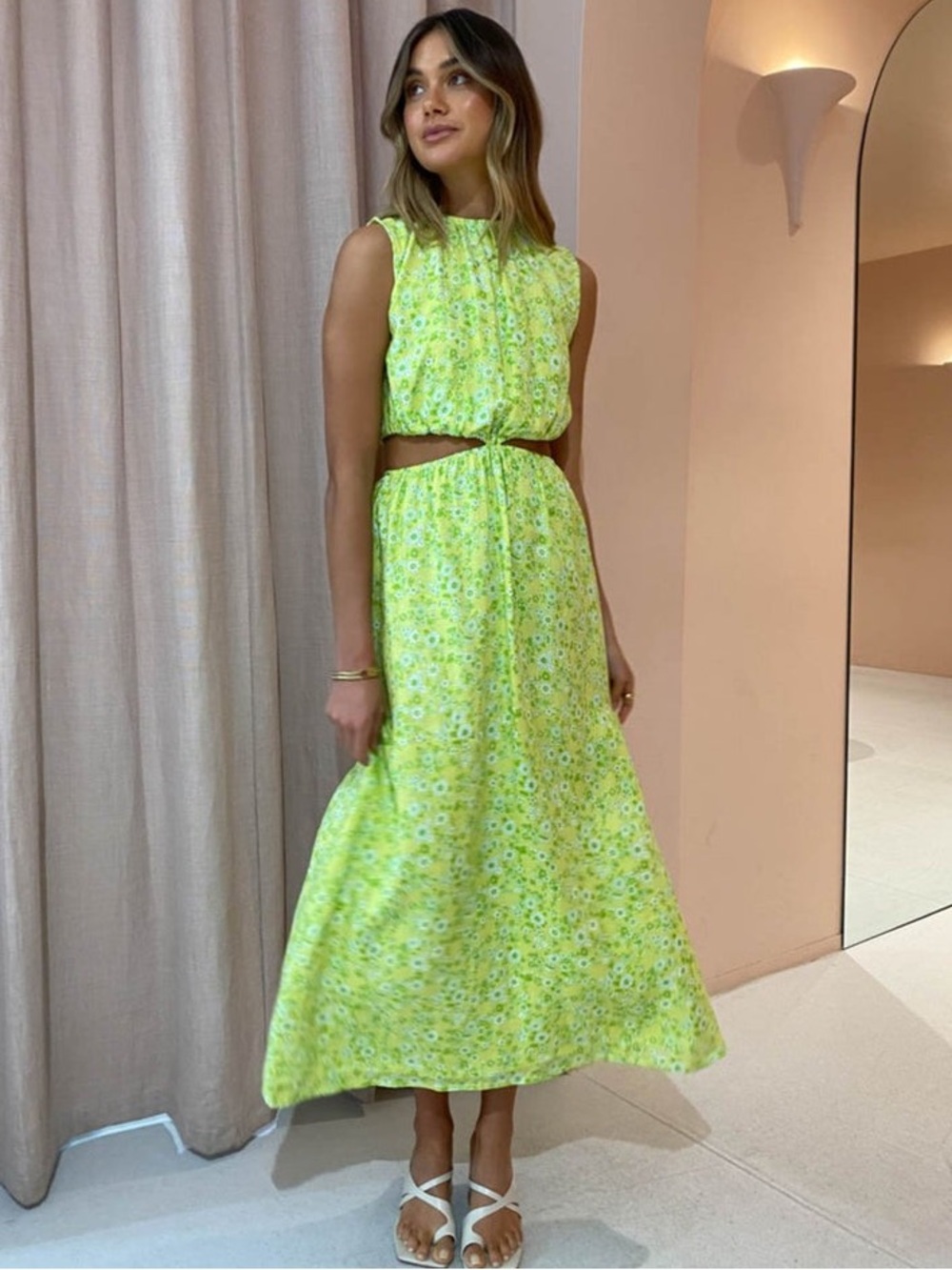 Faithfull the Brand Green Yellow Floral Linen Cutout Midi Dress Small